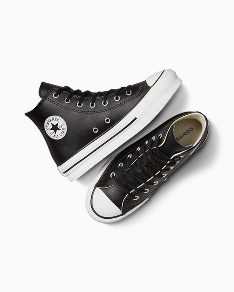 Converse Chuck Taylor All Star Lift flatforms δερματινα μαυρα ασπρα | MGIAUT-452